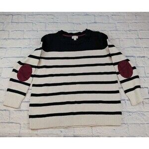 Market & Spruce Womens XL Navy Cream Striped Sweater Burgandy Elbow Patches